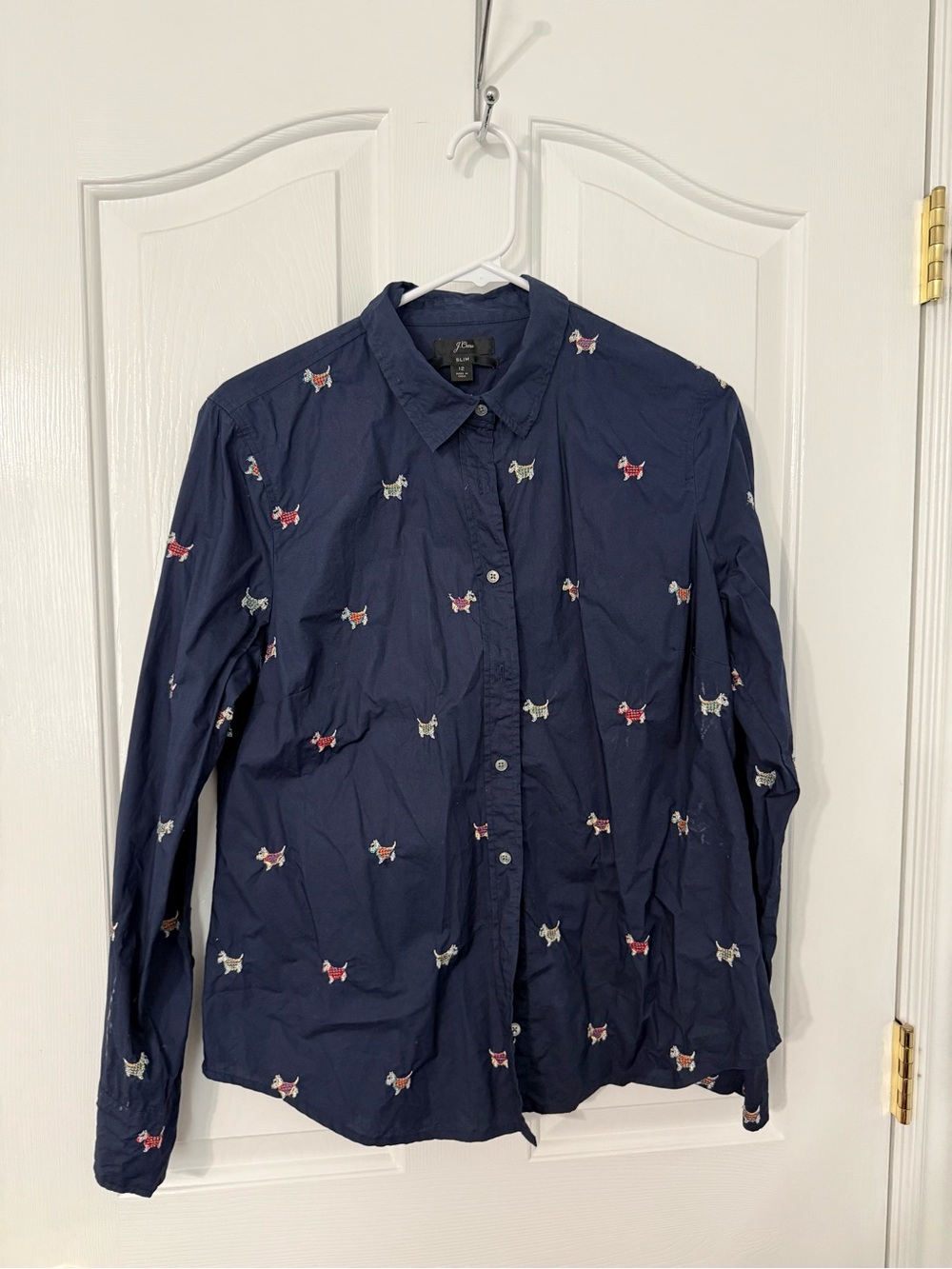 JCrew Navy Embroidered Dog-Pattern Button-Up Shirt Jacket size 12 slim